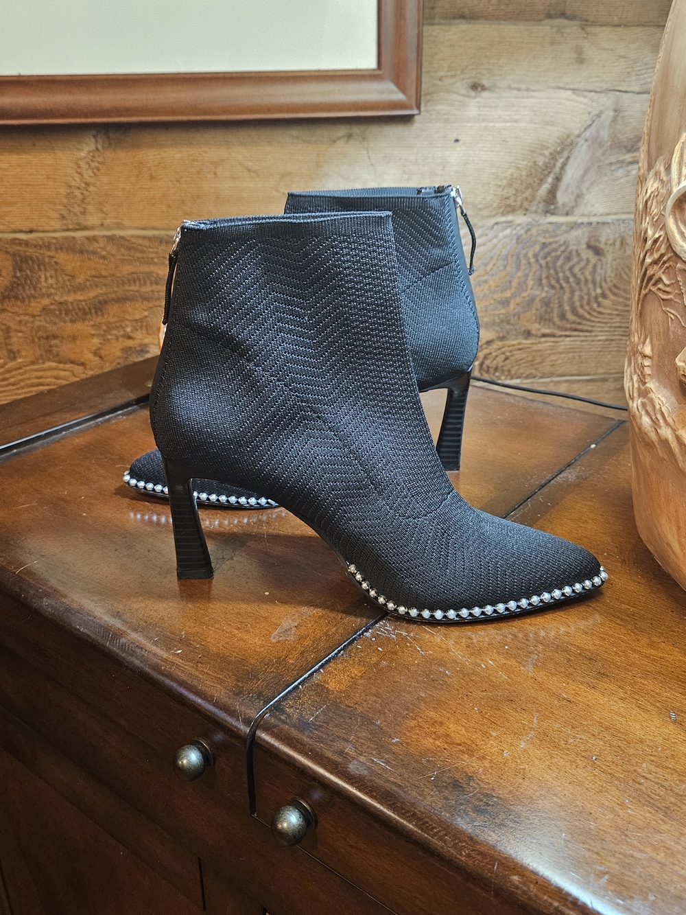 BCBGeneration Black Knit Ankle Boots with Studded Trim